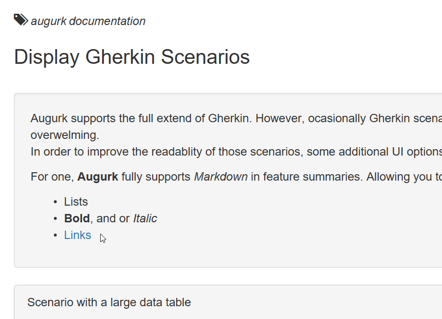 Markdown embedded in Gherkin feature files are beautifully rendered in Augurk
